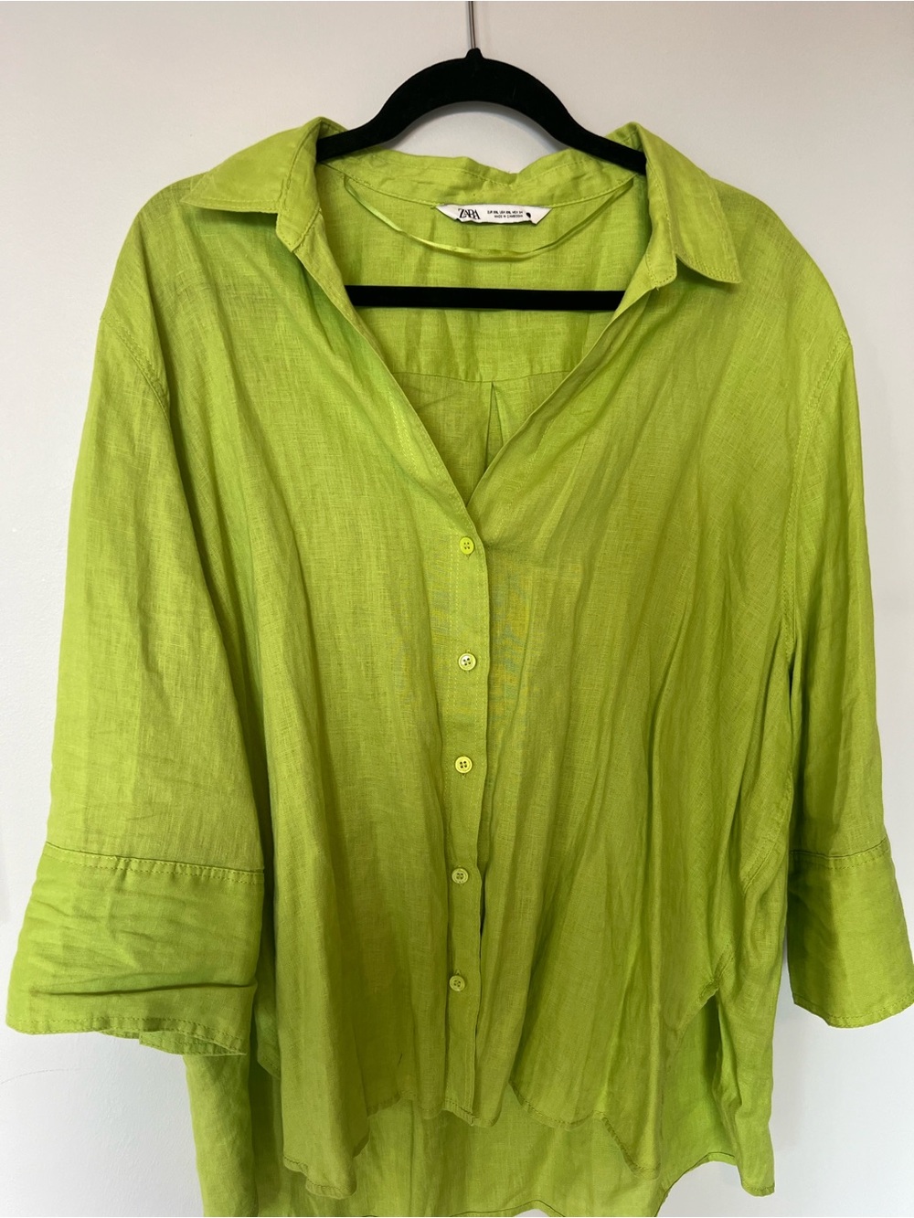 Zara Bright Lime Green Button-Down Linen Blend Top